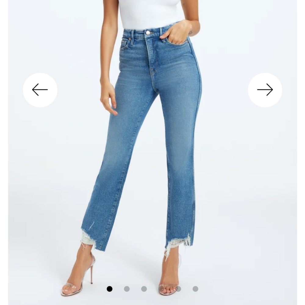 Good American Blue High-Rise Straight Crop Jeans with Frayed Hem